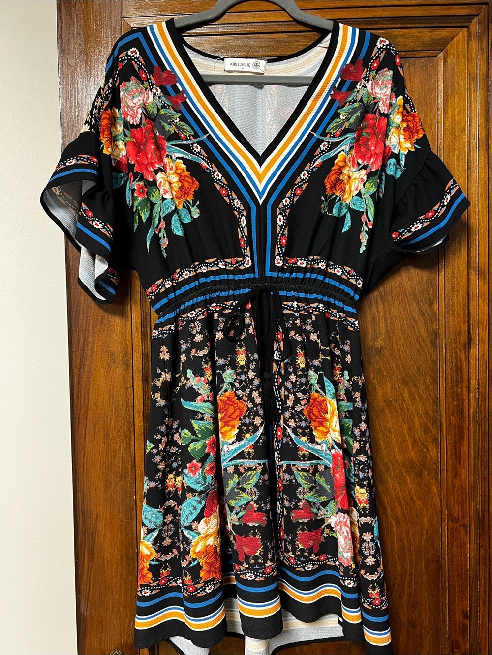 Kensie Black Floral V-Neck Drawstring Mini Dress